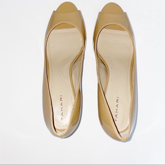 Tahari | Open Toe Camel Patent Pumps 10 - Picture 6 of 11